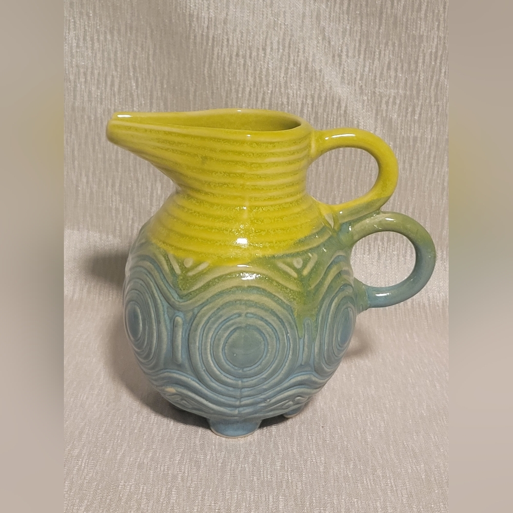 Anthropologie Aztec Blue Green Glaze Double Handle Jug Pitcher